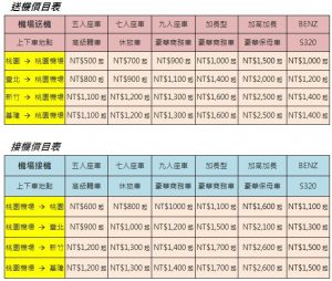 機場接送價格表